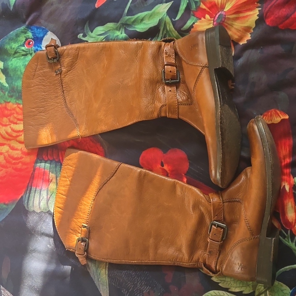 Frye Phillip Riding Boot Tall Brown Leather Buckle Flat Boho Western